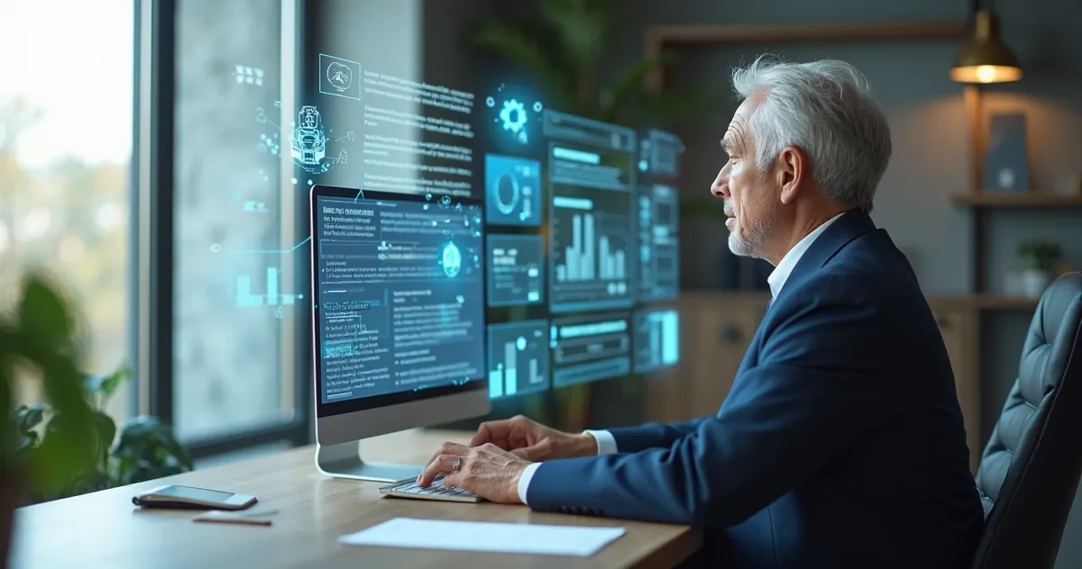 Advogado sentado à mesa analisando documentos com inteligência artificial 
