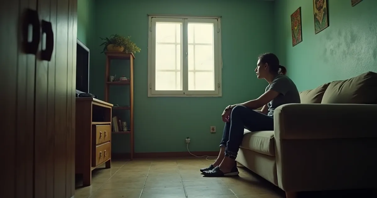 Pessoa com tornozeleira eletrônica sentada em sofá de uma casa simples 