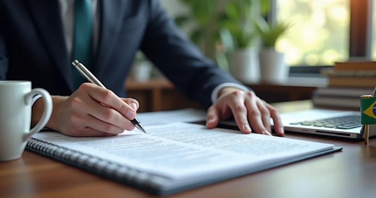 Advogado preparando argumentos jurídicos em escritório com documentos e notebook 
