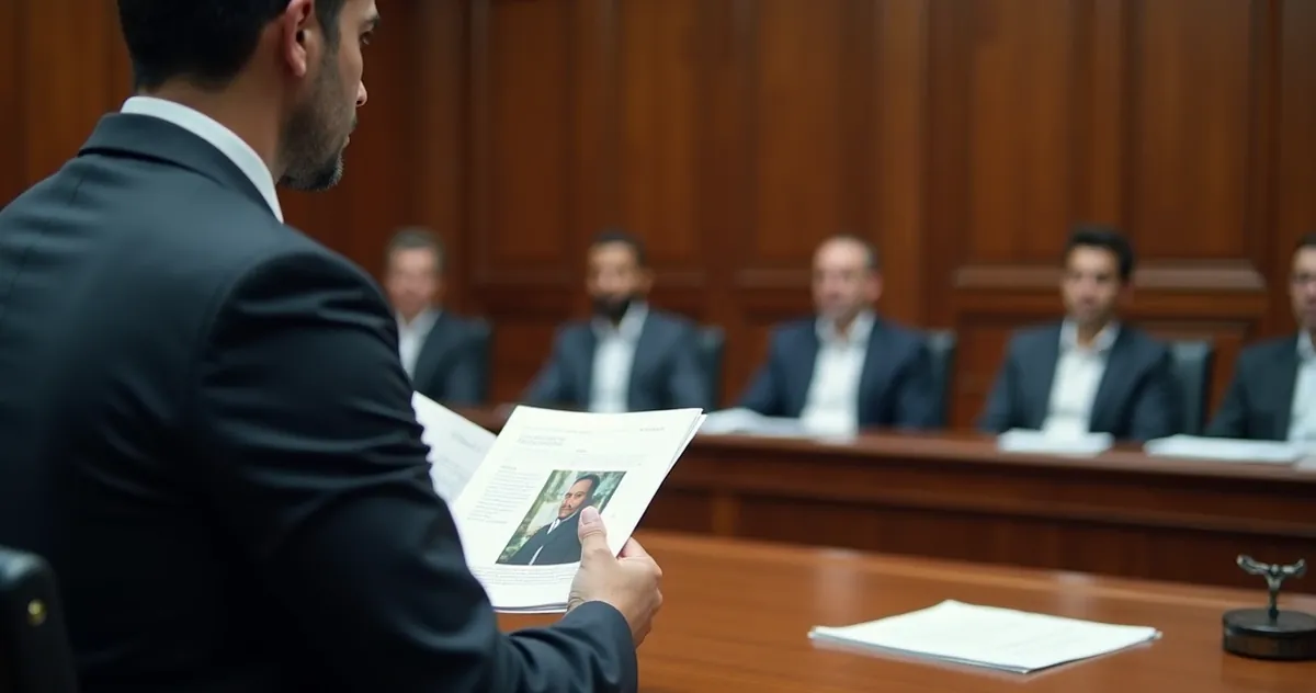 Advogado mostrando documentos e provas ao Tribunal do Júri