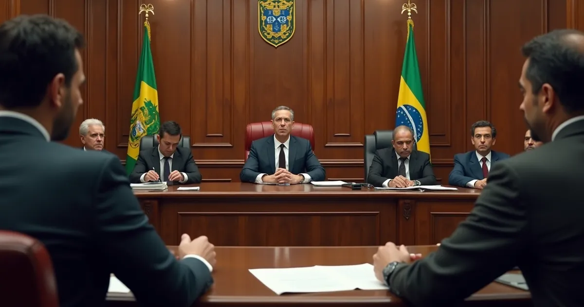 Julgamento de caso de roubo em tribunal brasileiro com juiz, advogados e réu. 