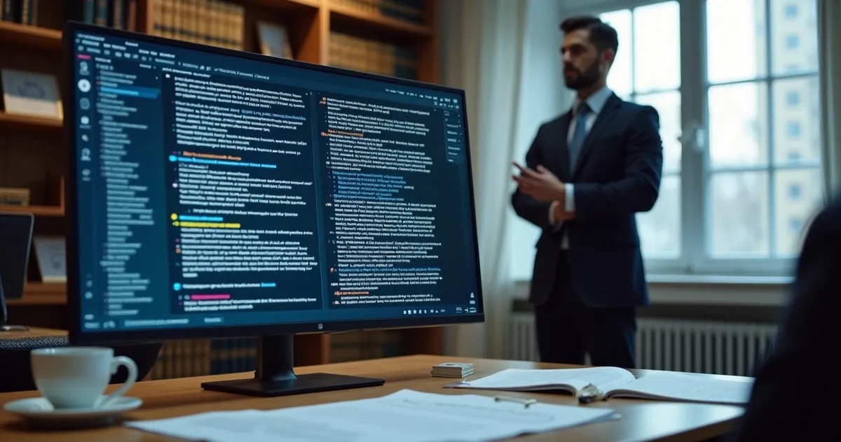 Advogado ao lado de computador analisando documento digital 