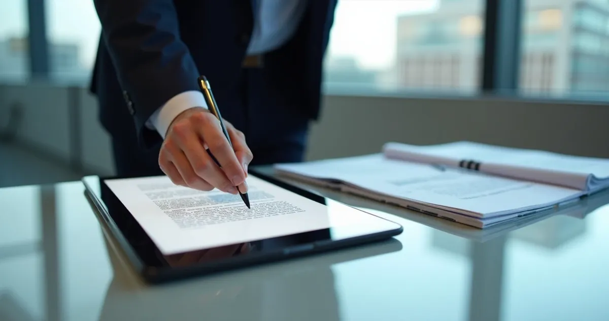 Documento jurídico digital sendo analisado por advogado 