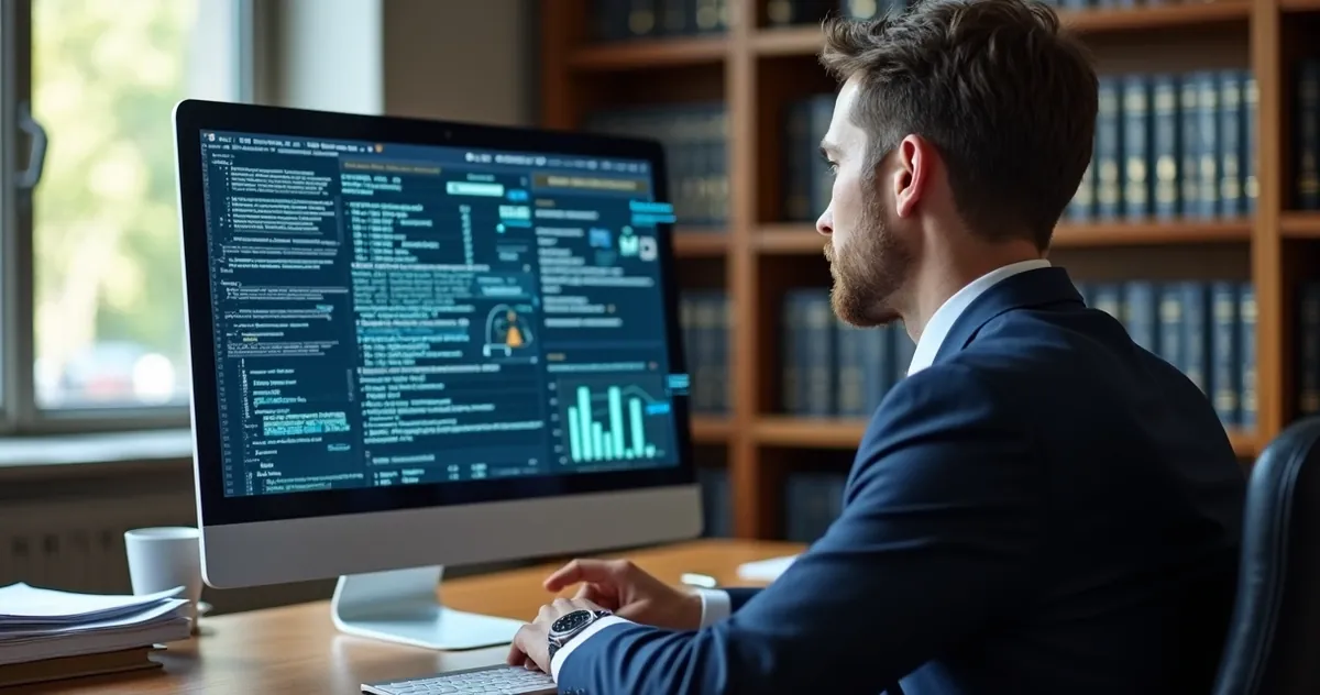 Advogado sentado em frente ao computador analisando decisão judicial com gráficos na tela 