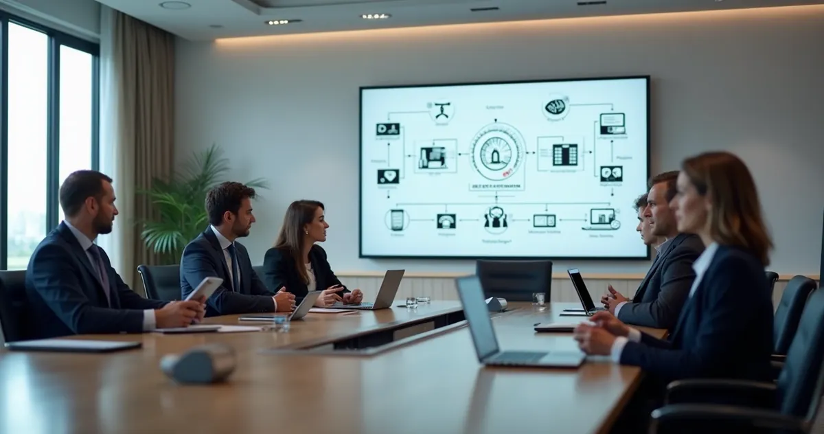 Sala de reunião moderna de escritório jurídico com advogados usando tablets e notebooks 