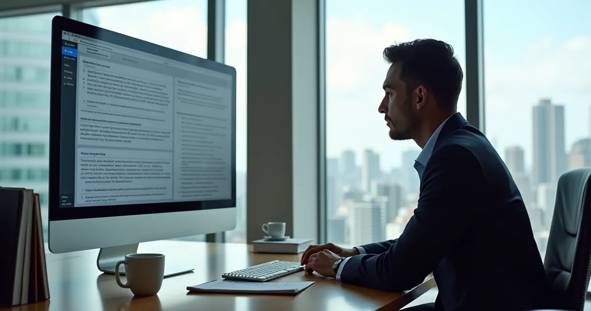 Advogado em escritório analisando jurisprudência em tela de computador. 