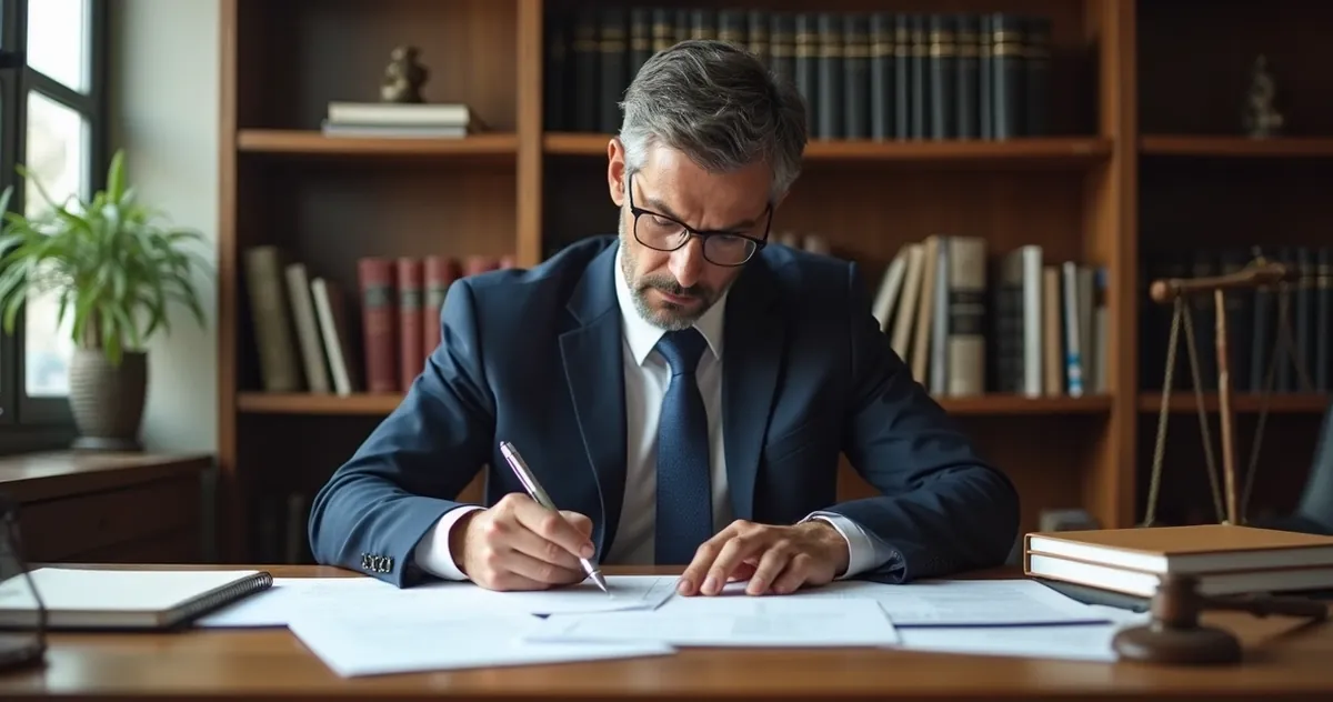Advogado analisando documentos jurídicos em escritório moderno com prateleiras de livros ao fundo