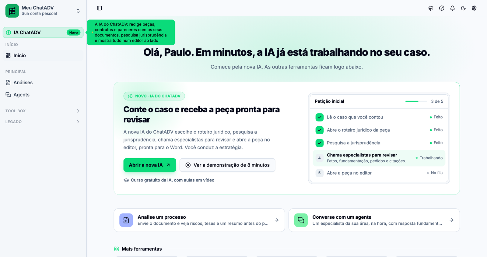 Tela inicial do ChatADV com o item IA ChatADV no topo do menu lateral, a dica que explica a IA e o botão Abrir a nova IA no centro