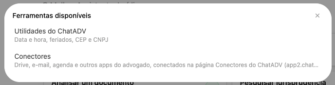 Janela Ferramentas disponíveis, aberta pela chave inglesa, com Utilidades do ChatADV e Conectores