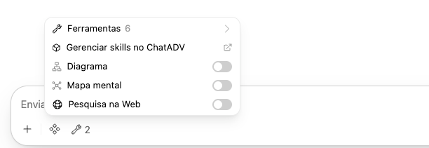 Menu de integrações: Ferramentas, Gerenciar skills no ChatADV, Diagrama, Mapa mental e Pesquisa na Web