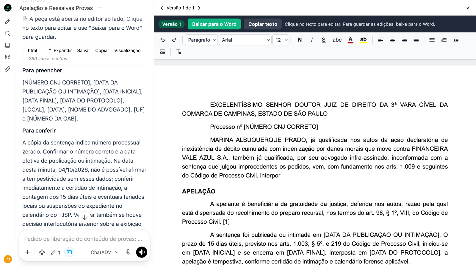 A apelação aberta no editor, ao lado da conversa: endereçamento, interposição e o trecho sobre preparo e prazo com as datas entre colchetes