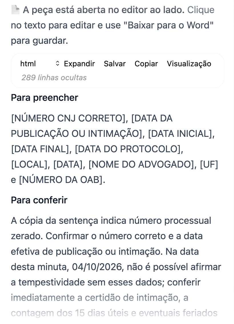 Blocos Para preencher e Para conferir no fim da resposta, com o aviso sobre a tempestividade
