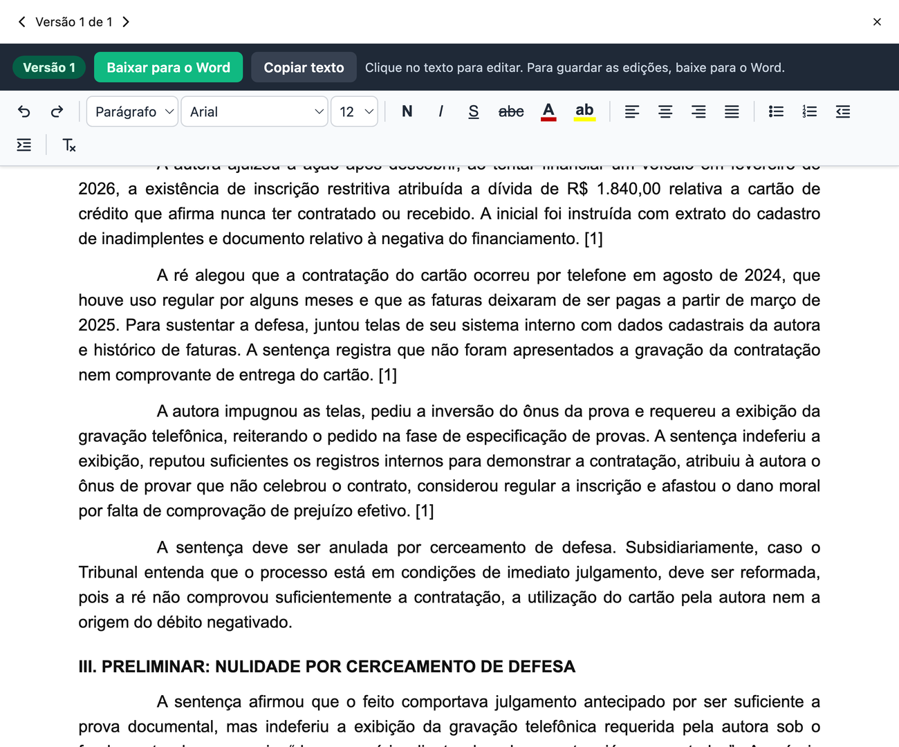 Trecho das razões no editor: a síntese do processo e o início da preliminar de nulidade por cerceamento de defesa