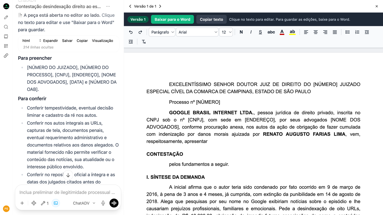 A contestação aberta no editor, ao lado da conversa: endereçamento, qualificação da ré e início da síntese da demanda