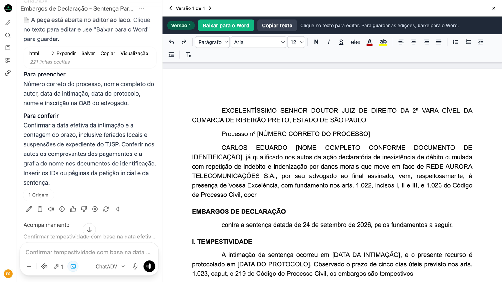 Os embargos de declaração abertos no editor, ao lado da conversa: endereçamento, qualificação e o capítulo da tempestividade com as datas entre colchetes