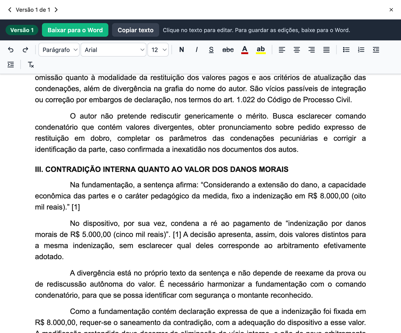Trecho dos embargos no editor: o capítulo da contradição, com as duas frases da sentença entre aspas
