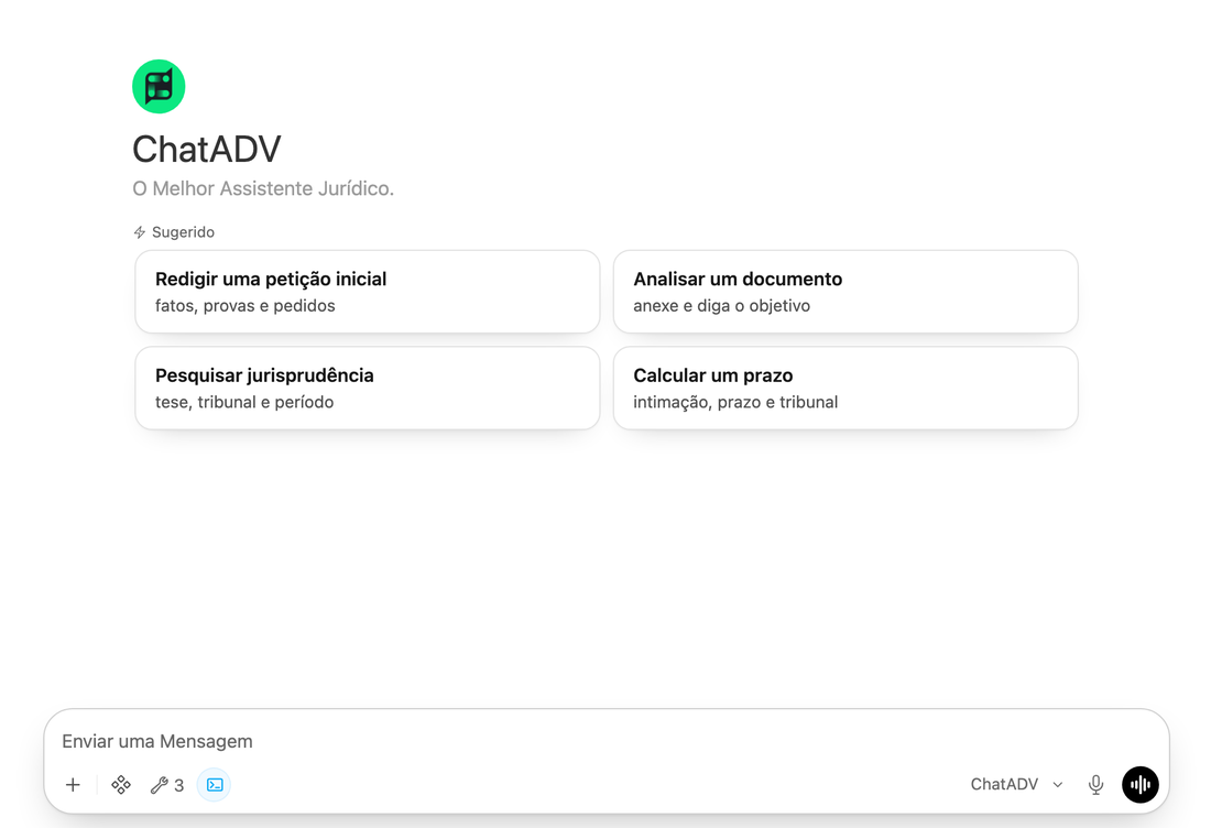 Tela inicial com quatro sugestões: Redigir uma petição inicial, Analisar um documento, Pesquisar jurisprudência e Calcular um prazo, e a caixa de mensagem embaixo